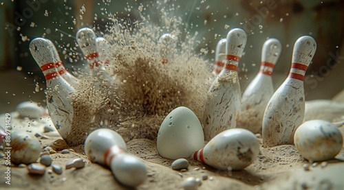 A Bowling Ball Strikes Pins In a Sandy Outdoor Setting