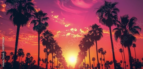 Palm Trees Silhouetted Against Vibrant Sunset Sky