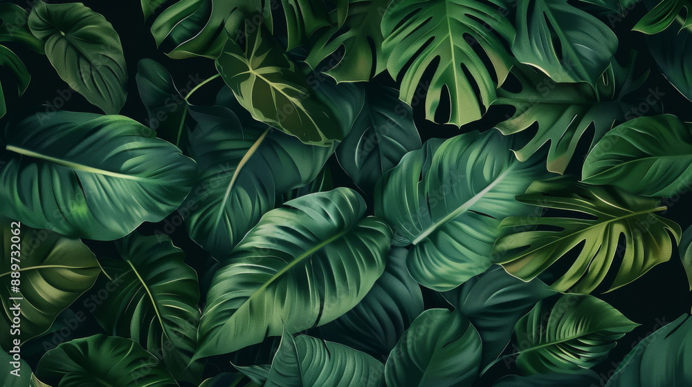 Green tropical palm leaves, dark green foliage, realistic nature background Green tropical palm leaves, dark green foliage, realistic nature background