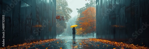 Person Walking With Yellow Umbrella Under Rainy Sky in Autumn City