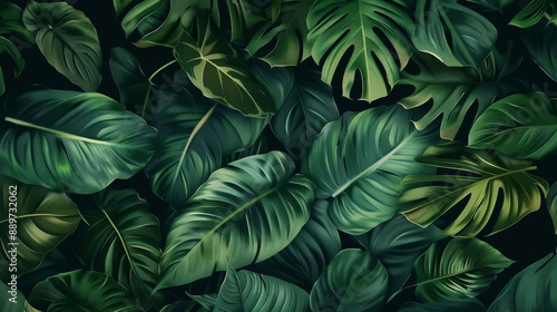 Wallpaper Mural Green tropical palm leaves, dark green foliage, realistic nature background  Torontodigital.ca