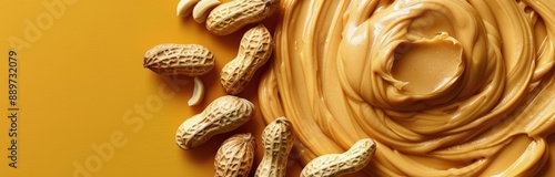 Close Up of Peanut Butter and Peanuts on Yellow Background