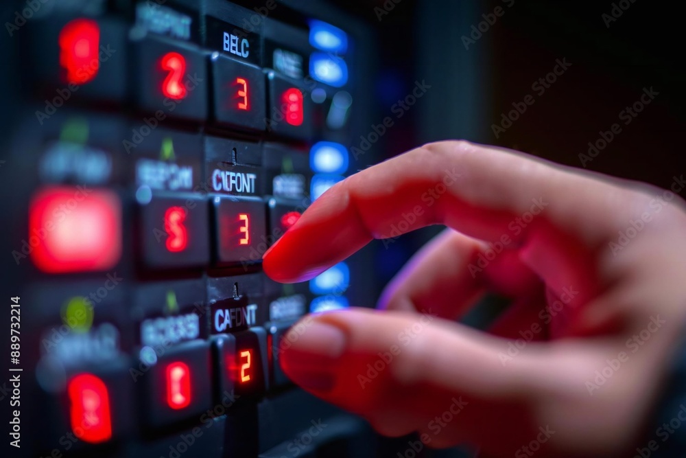 close-up shot of a person's hand entering a code on the keypad of a home security alarm system. close-up shot of a person's hand entering a code on the keypad of a home security alarm system.