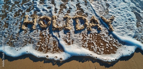 Holiday Word Written In Sand On Beach With Waves
