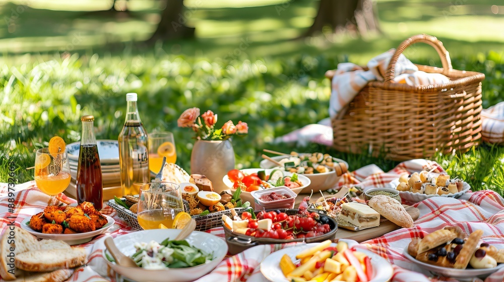 Picnic spread with tasty food and drinks on a blanket in a grassy area. Picnic spread with tasty food and drinks on a blanket in a grassy area.