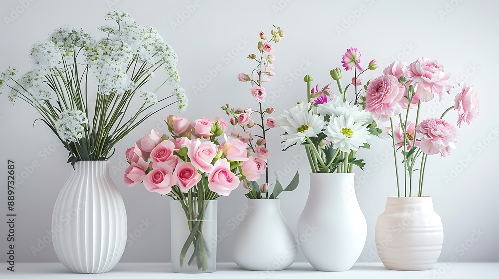 Beautifully arranged fresh flowers in elegant vases on a clean white background. 32k, full ultra HD, high resolution Beautifully arranged fresh flowers in elegant vases on a clean white background. 32k, full ultra HD, high resolution