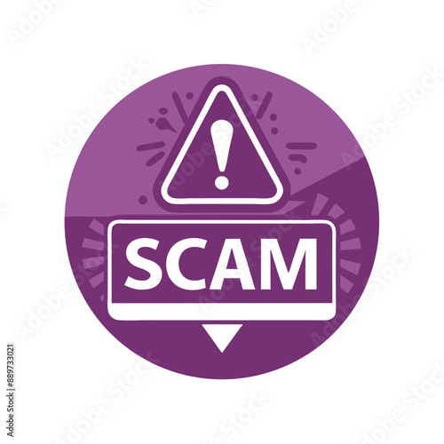 scam Sign Icon, Flat Design in Purple Color, Circular Badge