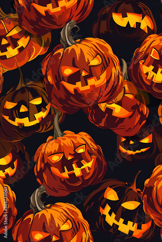 Generative Ai illustration. Halloween pumpkins with scary lanterns in the dark.