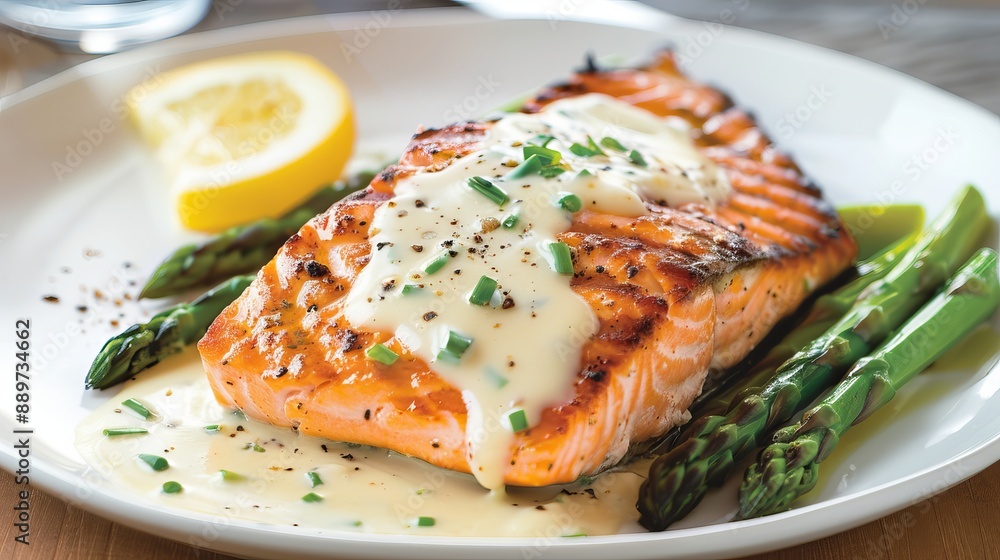 Grilled salmon and asparagus with a creamy white sauce made with butter, flour, and milk Grilled salmon and asparagus with a creamy white sauce made with butter, flour, and milk