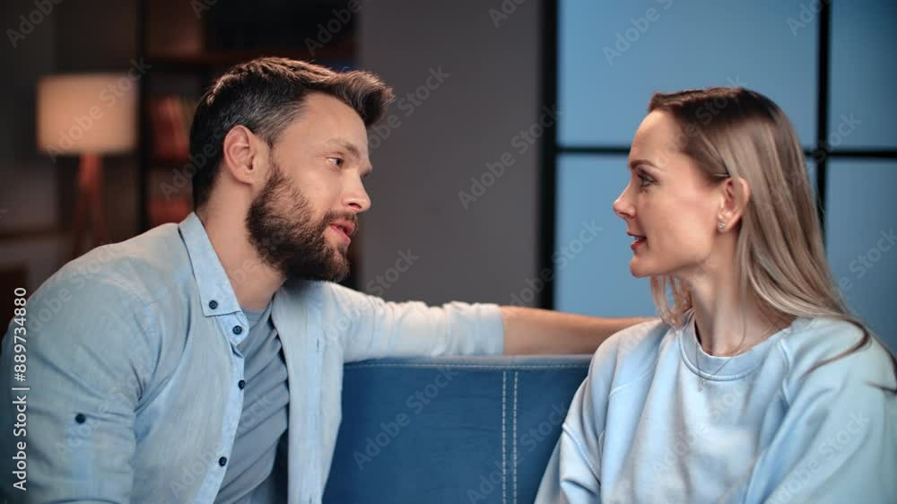 Relationship and marriage, happy middle-aged man and woman talking at home in evening, communication Relationship and marriage, happy middle-aged man and woman talking at home in evening, communication
