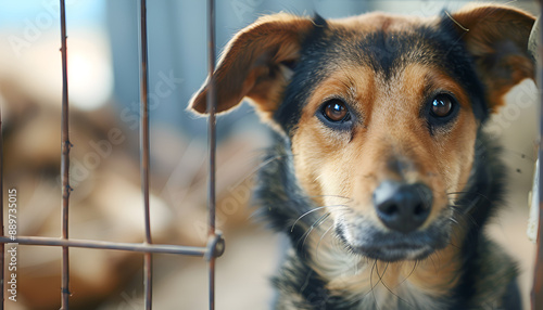 Homeless dog in cage at animal shelter outdoors. Concept of volunteering