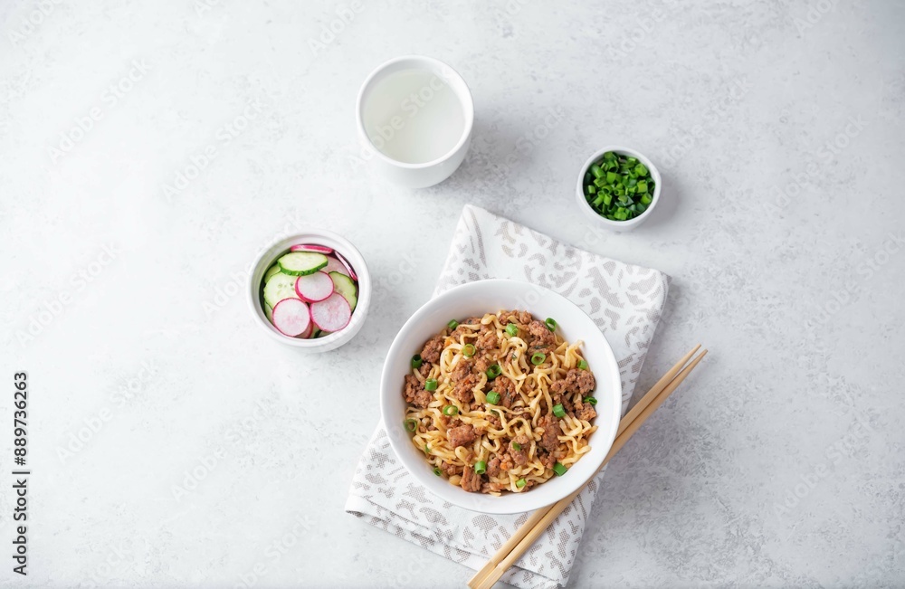 Ground meat spicy ramen noodles in a bowl