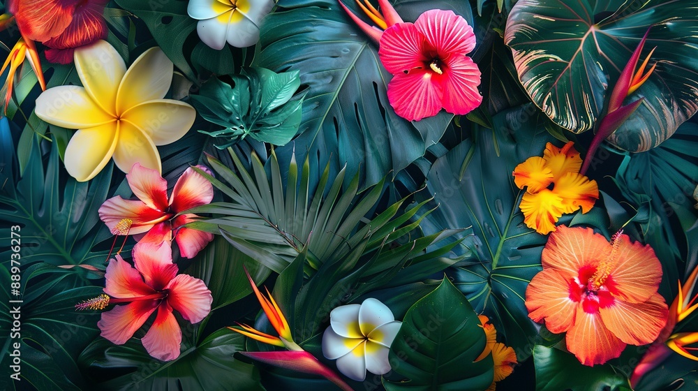 Vibrant tropical flowers and leaves create a lush exotic botanical background Vibrant tropical flowers and leaves create a lush exotic botanical background