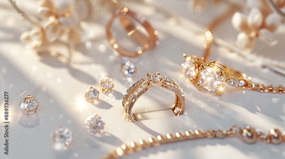 Elegant jewelry pieces like rings, necklaces, and earrings on a beautiful white background. 32k, full ultra HD, high resolution Elegant jewelry pieces like rings, necklaces, and earrings on a beautiful white background. 32k, full ultra HD, high resolution