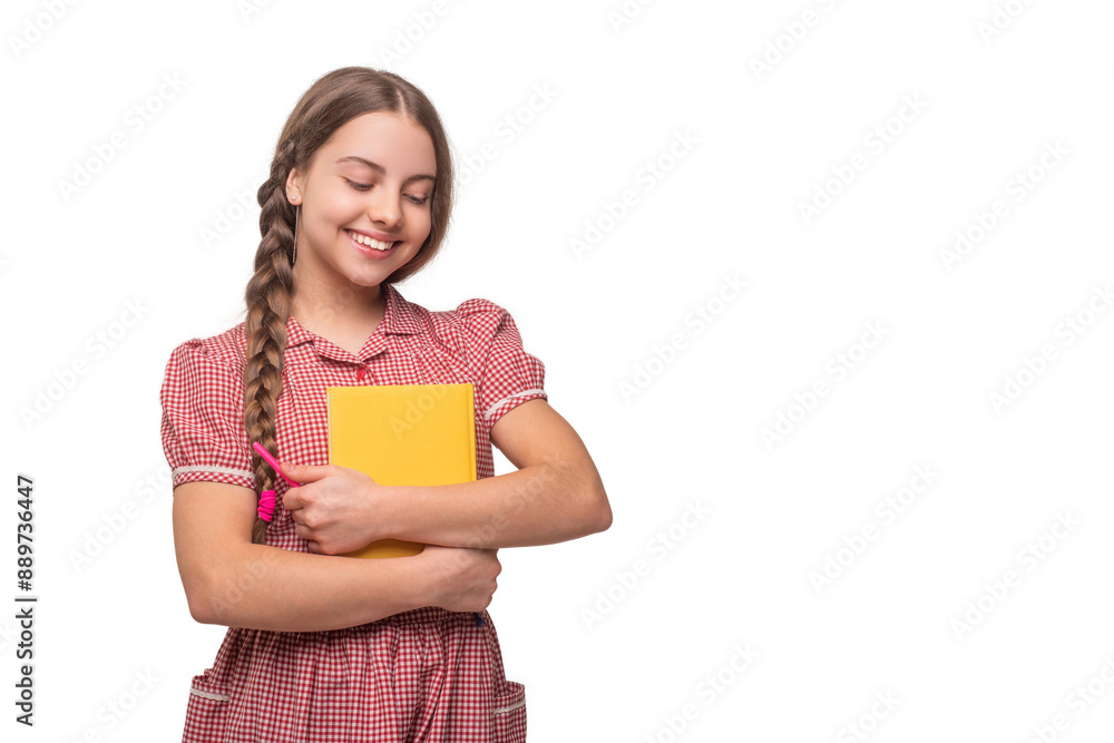 Student isolated on white Teen girl study. Back to school. Reading education. Knowledge and education. Teen girl reading school book. Read a book. Student literature reader. Copy space Student isolated on white Teen girl study. Back to school. Reading education. Knowledge and education. Teen girl reading school book. Read a book. Student literature reader. Copy space