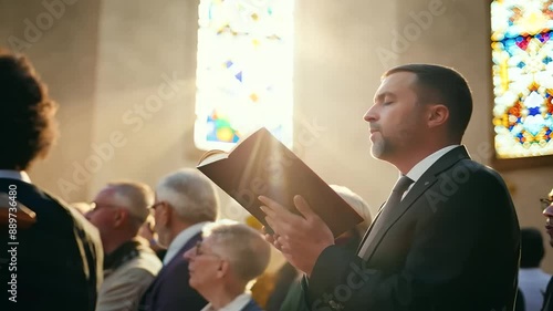 A minister guides a church congregation in prayer, reading from the Bible.
