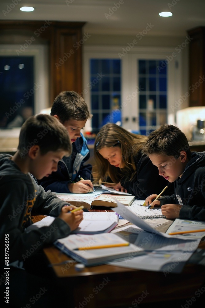 A group of children are sitting at a table and writing in their notebooks A group of children are sitting at a table and writing in their notebooks