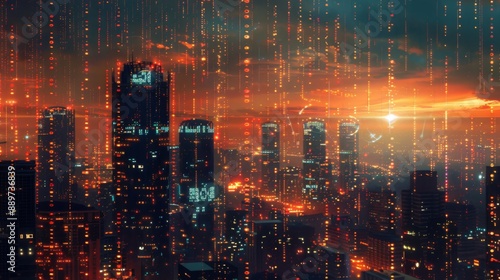 Wallpaper Mural A cityscape at sunset, with tall buildings silhouetted against a bright orange sky. Digital rain falls from the sky, creating a futuristic effect. Torontodigital.ca