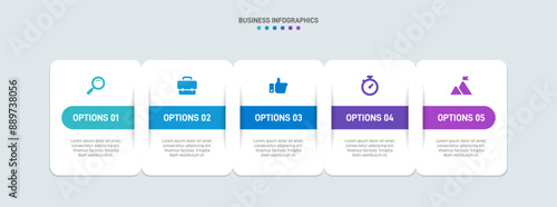 Horizontal progress bar featuring 5 arrow-shaped elements, symbolizing the five stages of business strategy and progression. Clean timeline infographic design template. Vector for presentation