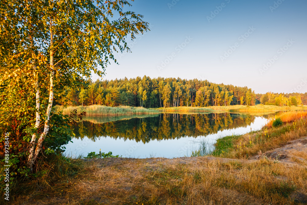 A calm and silent morning at a small lake. Location place Small Polissya, Ukraine, Europe. Beauty of earth. A calm and silent morning at a small lake. Location place Small Polissya, Ukraine, Europe. Beauty of earth.