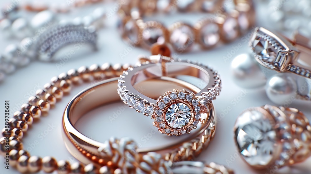 Elegant jewelry pieces like rings, necklaces, and earrings on a beautiful white background. 32k, full ultra HD, high resolution Elegant jewelry pieces like rings, necklaces, and earrings on a beautiful white background. 32k, full ultra HD, high resolution
