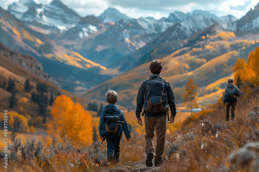 Fototapeta premium Father and Son Hiking Through Autumnal Mountain Landscape