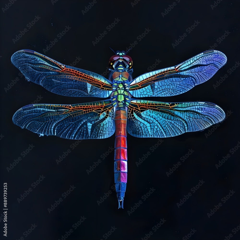 A stunning close-up of an iridescent dragonfly with vibrant, colorful wings against a dark background. A stunning close-up of an iridescent dragonfly with vibrant, colorful wings against a dark background.