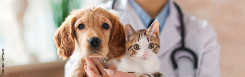 Veterinarian holding a puppy and a kitten, emphasizing pet care and veterinary services. banner Veterinarian holding a puppy and a kitten, emphasizing pet care and veterinary services. banner