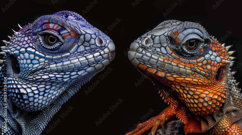 Obraz premium Close-up portraits of agama lizards showcasing intricate textures on their skin. 