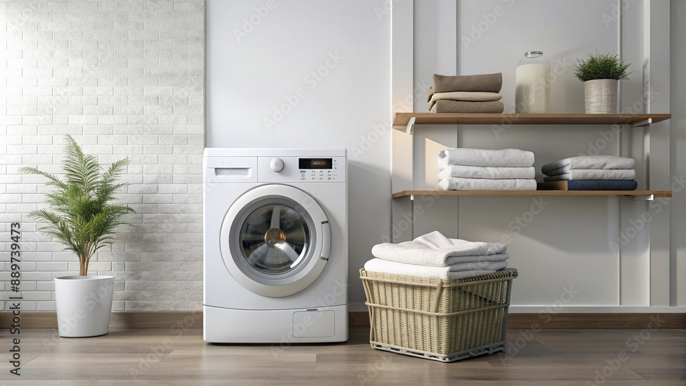 Fresh laundry piled high, neatly folded and organized, sits beside a sleek white washing machine in a modern bathroom with a clean and minimalist aesthetic. Fresh laundry piled high, neatly folded and organized, sits beside a sleek white washing machine in a modern bathroom with a clean and minimalist aesthetic.