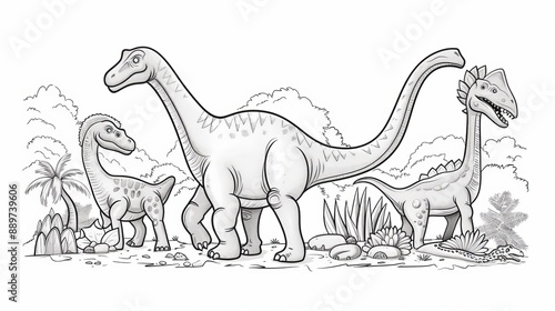 Coloring book page featuring an outline of dinosaurs in a line for easy coloring.  photo