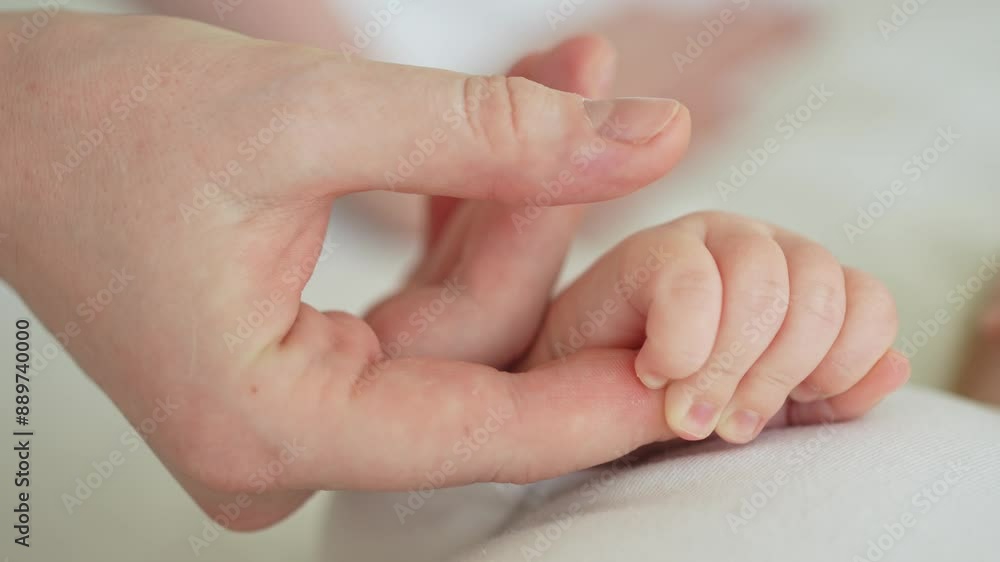 Happy family. Tiny newborn infant baby little hand on mother hand palm. Newborn baby holding parent finger after birth. Mom baby at home. Support protection of new life. Handle with care Happy family. Tiny newborn infant baby little hand on mother hand palm. Newborn baby holding parent finger after birth. Mom baby at home. Support protection of new life. Handle with care