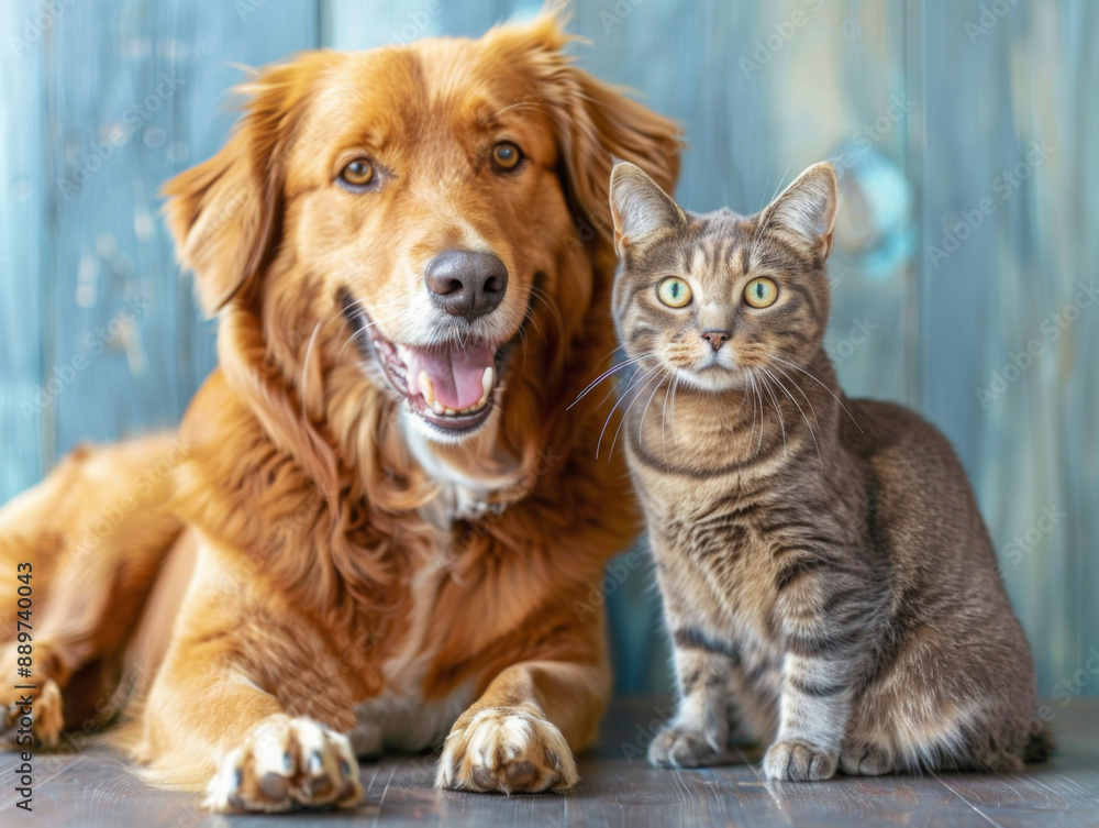 Happy dog and curious cat sitting together, showcasing a strong bond of companionship. Happy dog and curious cat sitting together, showcasing a strong bond of companionship.