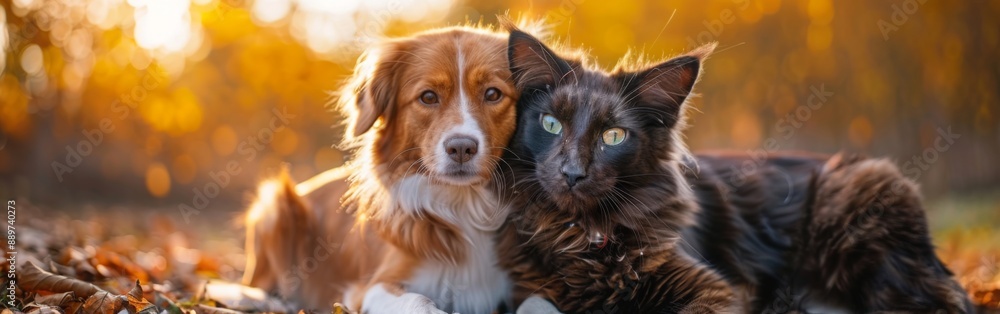 Dog and cat cuddling outdoors on an autumn day, showcasing the warmth and beauty of pet companionship, banner Dog and cat cuddling outdoors on an autumn day, showcasing the warmth and beauty of pet companionship, banner