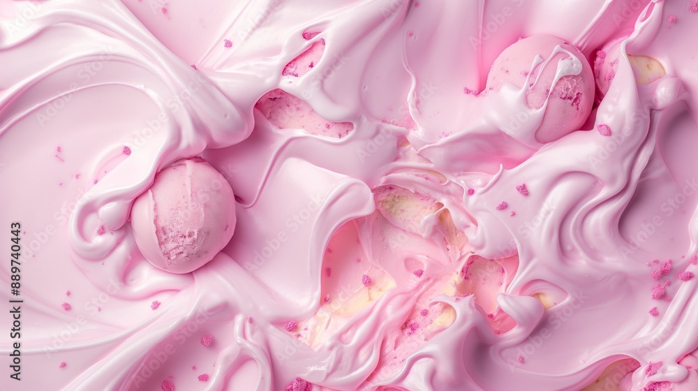 Swirls of pink and white cream with macarons creating an abstract pattern. Swirls of pink and white cream with macarons creating an abstract pattern.