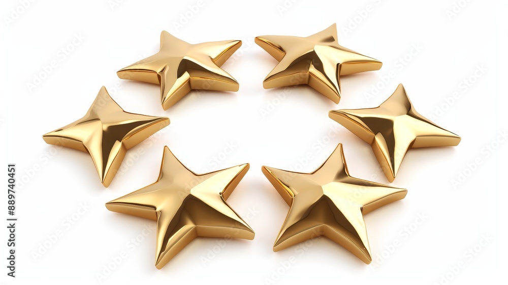 Obraz premium Seven gold stars arranged in a circle on a white background, rendered in 3D. 