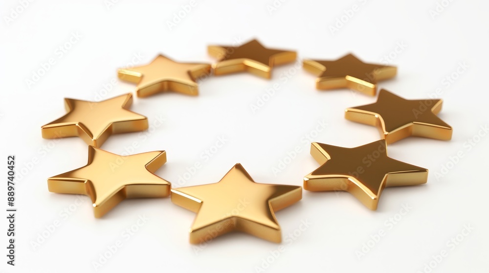 Seven gold stars arranged in a circle on a white background, rendered in 3D. Seven gold stars arranged in a circle on a white background, rendered in 3D.