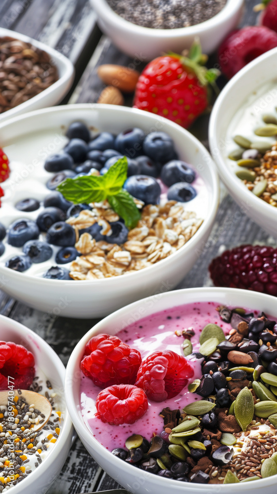 Healthy Smoothie Bowls with Fresh Berries and Seeds, Colorful Ingredients Healthy Smoothie Bowls with Fresh Berries and Seeds, Colorful Ingredients