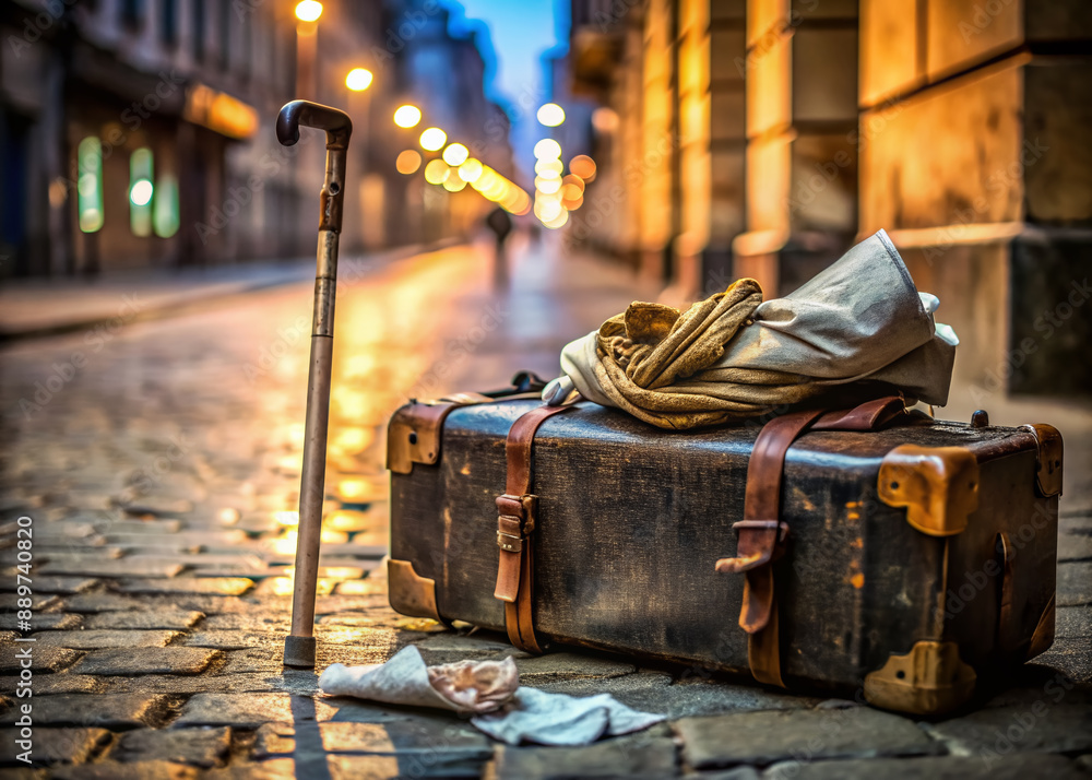 A weathered suitcase, crumpled newspapers, and a worn walking stick lie abandoned on a dimly lit city street, telling the tale of a forgotten soul's struggle. A weathered suitcase, crumpled newspapers, and a worn walking stick lie abandoned on a dimly lit city street, telling the tale of a forgotten soul's struggle.