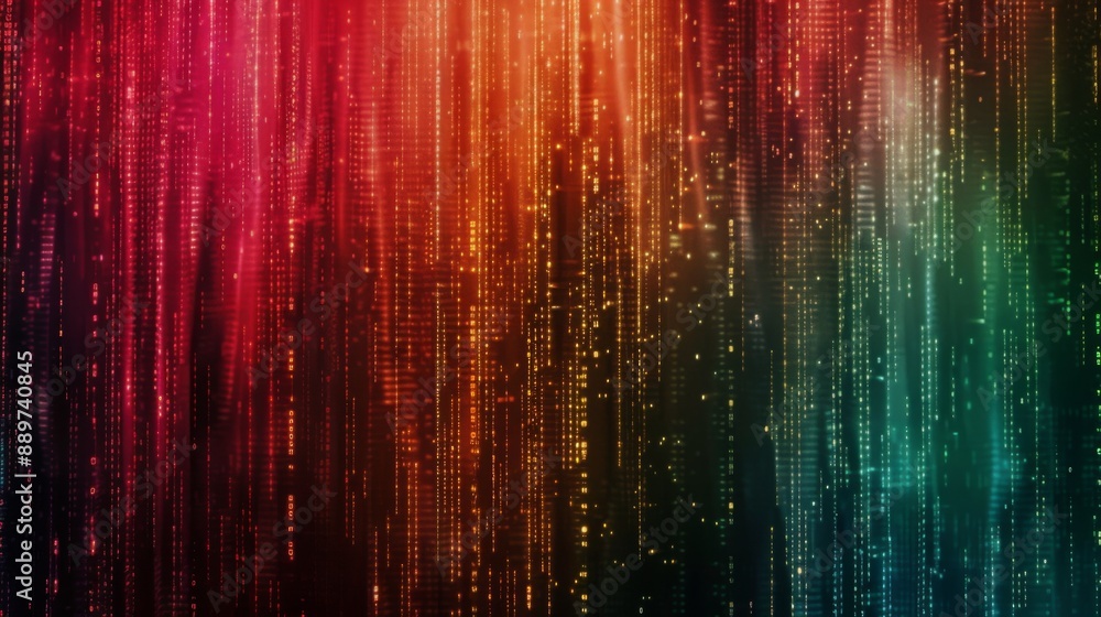 Digital rain falls in a colorful abstract pattern against a black background. The rain is made of glowing lines and dots, creating a dynamic and futuristic effect. Digital rain falls in a colorful abstract pattern against a black background. The rain is made of glowing lines and dots, creating a dynamic and futuristic effect.