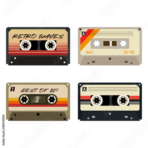 Set of retro audio cassette tapes in flat style. Vintage isolated vector illustration. Retro tech nostalgia pack. 90s 80s design