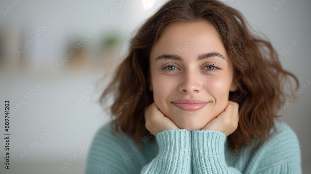 Happy Young Woman Enjoying Beach Vacation, Cozy Sweater, Curly Hair, Relaxed Expression, Ocean Background, Peaceful Getaway, Breezy Day, Natural Beauty, Casual Style, Joyful Mood, Seaside Happiness. Happy Young Woman Enjoying Beach Vacation, Cozy Sweater, Curly Hair, Relaxed Expression, Ocean Background, Peaceful Getaway, Breezy Day, Natural Beauty, Casual Style, Joyful Mood, Seaside Happiness.