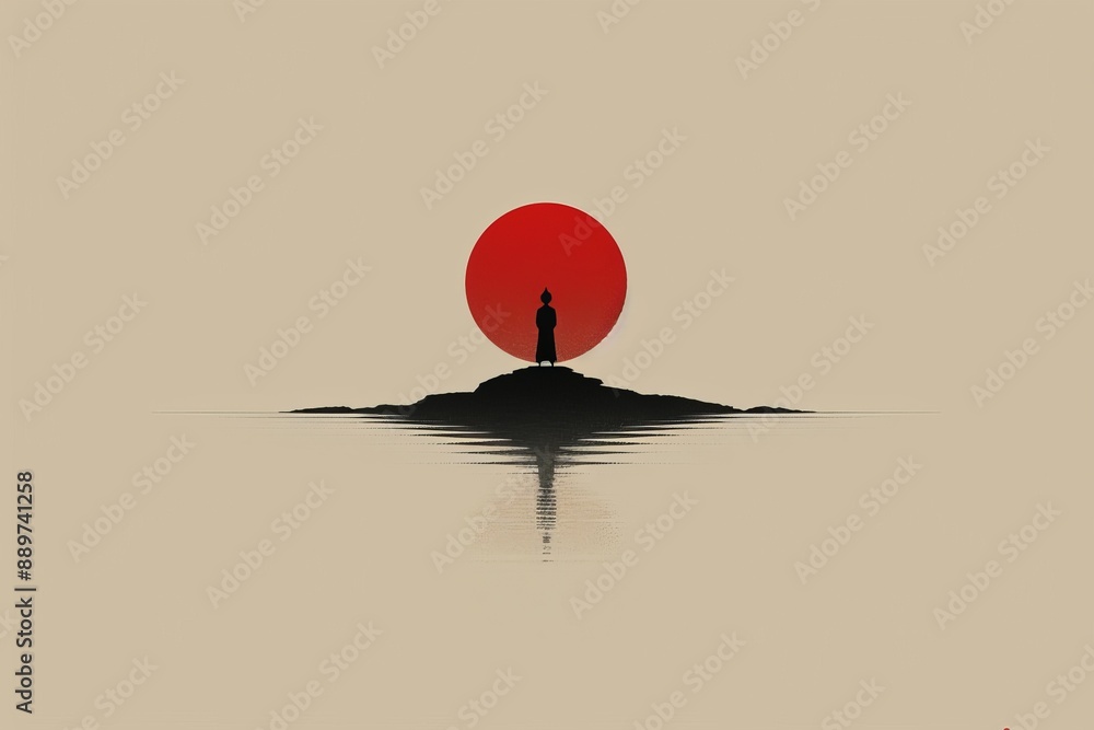 Silhouetted lone figure standing on a hilltop under a red sun with a ...