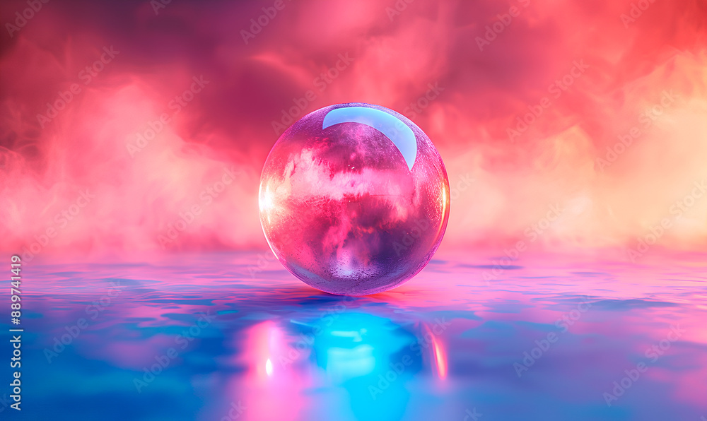 A glass sphere rests on a reflective surface, casting a colorful reflection A glass sphere rests on a reflective surface, casting a colorful reflection