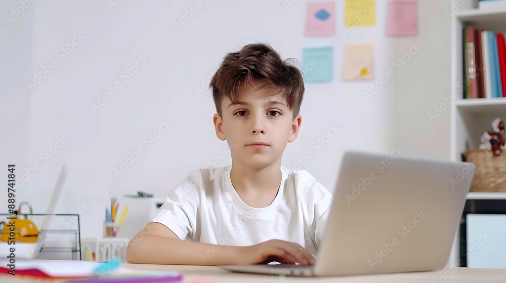 A boy is sitting at a laptop on a light background. Great for educational projects, distance learning and technology. A boy is sitting at a laptop on a light background. Great for educational projects, distance learning and technology.