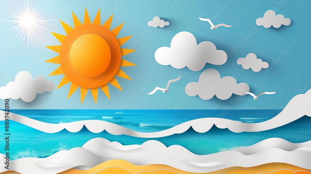 Summer beach and sea scene with cloudscape sun and bright sky designed in paper cut and craft style Summer beach and sea scene with cloudscape sun and bright sky designed in paper cut and craft style