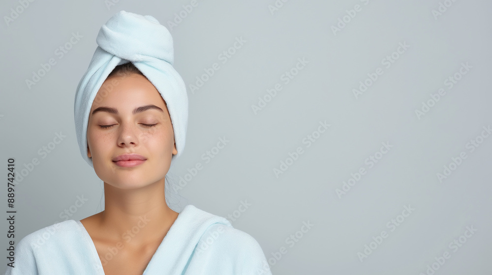 Smiling Young Woman with Towel on Head Relaxing After Bath, Eyes Closed, Fresh Face, Spa-Like Setting, Light Blue Background, Skincare Routine, Wellness and Beauty Concept, Healthy Skin, Natural Glow Smiling Young Woman with Towel on Head Relaxing After Bath, Eyes Closed, Fresh Face, Spa-Like Setting, Light Blue Background, Skincare Routine, Wellness and Beauty Concept, Healthy Skin, Natural Glow