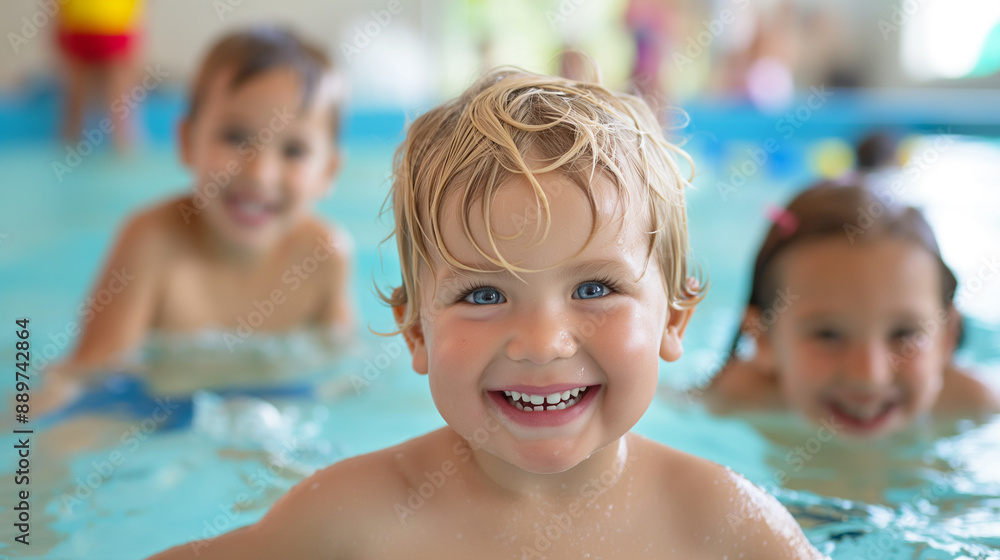 Happy Children Playing in Swimming Pool, Focus on Smiling Boy in Front, Summer Fun, Water Activities, Kids Enjoying, Poolside Recreation, Joyful Expression, Family Time, Childhood Memories. Happy Children Playing in Swimming Pool, Focus on Smiling Boy in Front, Summer Fun, Water Activities, Kids Enjoying, Poolside Recreation, Joyful Expression, Family Time, Childhood Memories.
