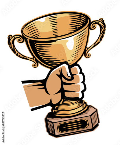 Hand with trophy. Champion golden cup for winner. Vector illustration