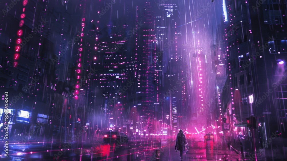 A lone figure walks down a wet city street, illuminated by bright neon lights. Tall buildings line the street, with a digital rain falling from the sky. A lone figure walks down a wet city street, illuminated by bright neon lights. Tall buildings line the street, with a digital rain falling from the sky.